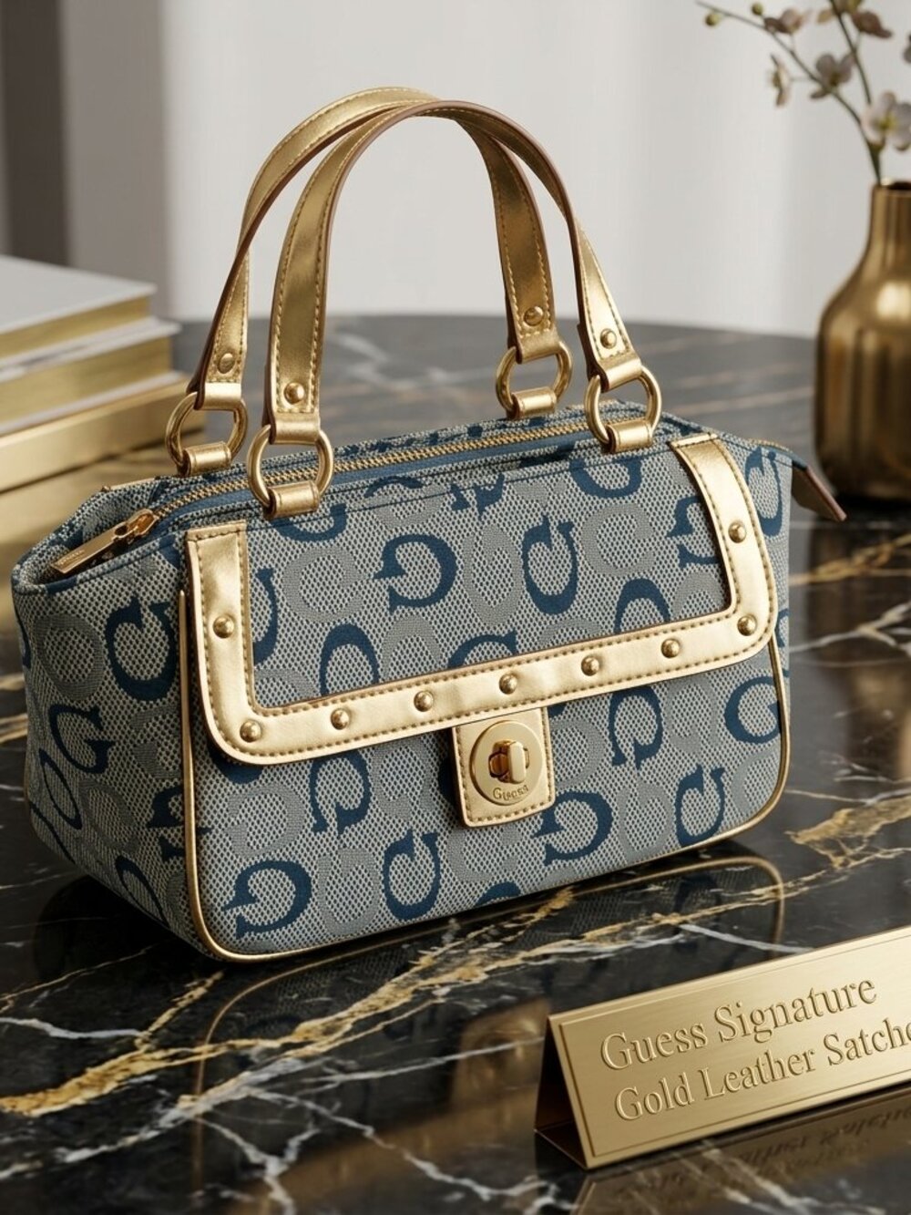 Guess Signature Logo Satchel Top Handle Bag Gold Leather Trim Pockets Brass Lock
